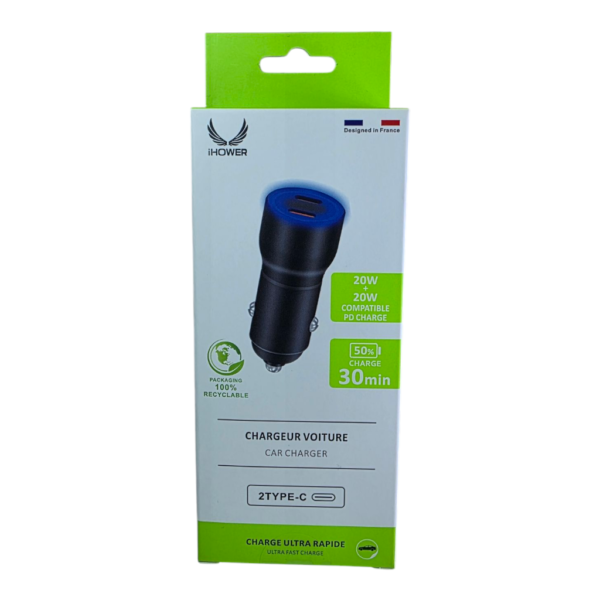 IHOWER H215 - 20W + 20W Dual USB-C Ultra Fast Car Charger - Black