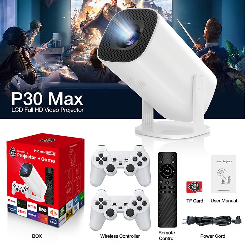 P30 MAX VIDEO GAME CONSOLE INCLUDE 2 WIRELESS GAME CONTROLLERS 3800 GAMES SUPPORT 4K 1080P ANDROID11 PORTABLE PROJECTOR