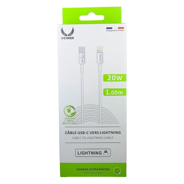 Câble USB-C vers Lightning IHOWER, charge rapide 20 W, 1,00 m, H820, blanc – Image 3