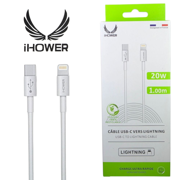Câble USB-C vers Lightning IHOWER, charge rapide 20 W, 1,00 m, H820, blanc