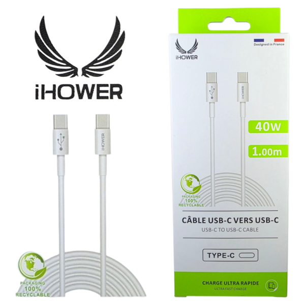 Câble USB-C vers USB-C IHOWER, charge rapide 40 W, 1,00 m, H810, blanc