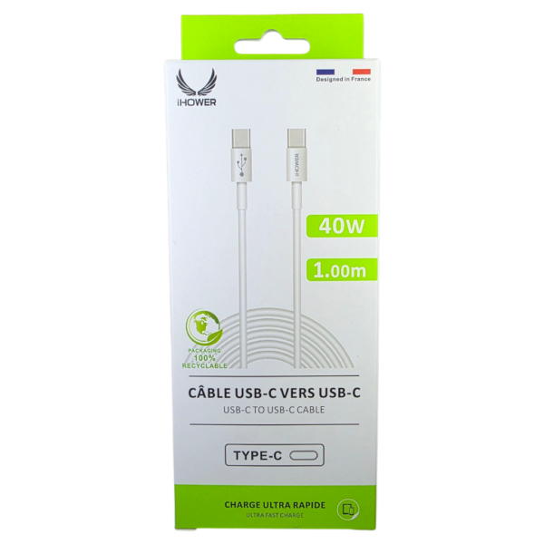 Câble USB-C vers USB-C IHOWER, charge rapide 40 W, 1,00 m, H810, blanc – Image 3