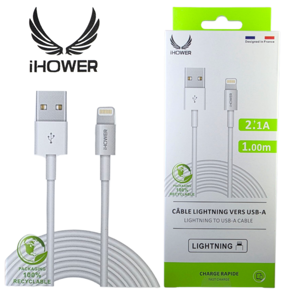 Câble Lightning vers USB-A IHOWER, charge rapide 2,1 A- 1,00 m- H100- blanc