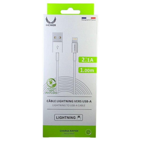 Câble Lightning vers USB-A IHOWER, charge rapide 2,1 A- 1,00 m- H100- blanc – Image 3