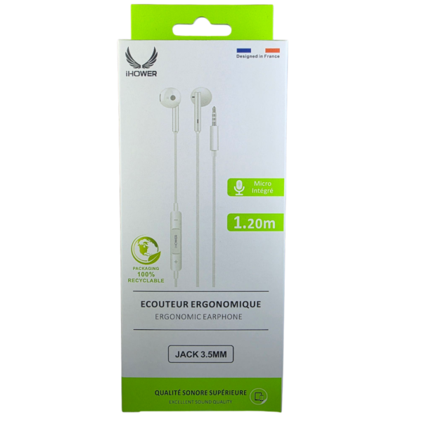 IHOWER E318 ERGONOMIC EARPHONE Câblé JACK 3.5MM EXCELLENT SOUND QUALITY-BLANC – Image 3