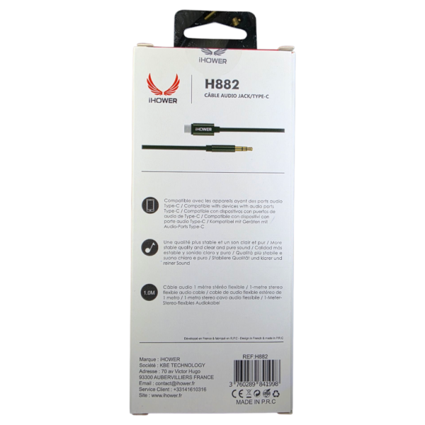 IHOWER H882 CABLE AUDIO jack TYPE-C 3.5MM 1.0M-Blanc – Image 4