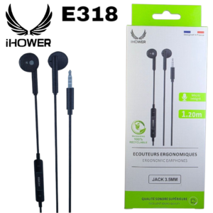 IHOWER E318 ERGONOMIC EARPHONE Câblé JACK 3.5MM EXCELLENT SOUND QUALITY-NOIR