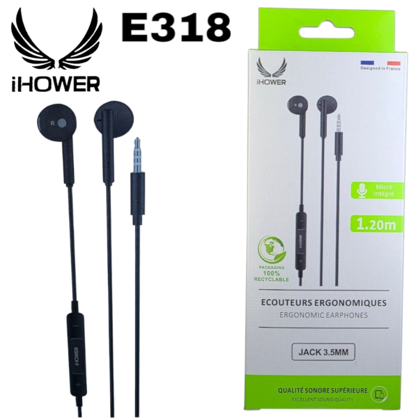 IHOWER E318 ERGONOMIC EARPHONE Câblé JACK 3.5MM EXCELLENT SOUND QUALITY-NOIR