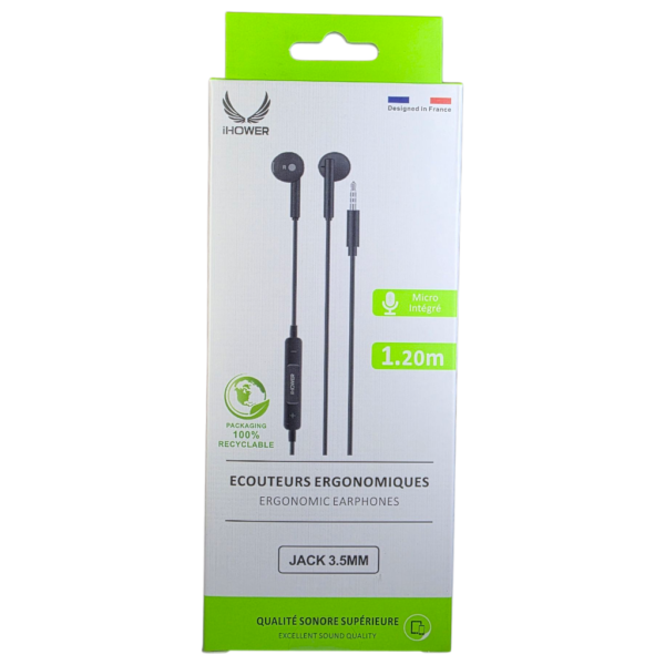 IHOWER E318 ERGONOMIC EARPHONE Câblé JACK 3.5MM EXCELLENT SOUND QUALITY-NOIR – Image 3