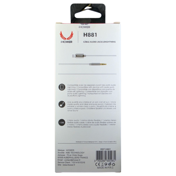 IHOWER H881 CABLE AUDIO jack LINGHTNING 3.5MM 1.0M-Blanc – Image 4