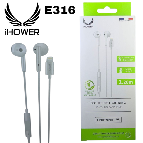 ÉCOUTEURS IHOWER E316 LIGHTNING EXCELLENTE QUALITÉ SONORE-BLANC