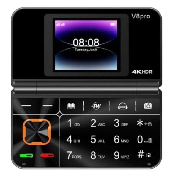 Mini téléphone à clapet V8 Pro, double écran 1,77", design pliable, noir – Image 2