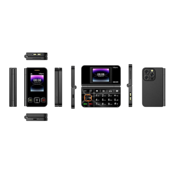 Mini téléphone à clapet V8 Pro, double écran 1,77", design pliable, noir – Image 3
