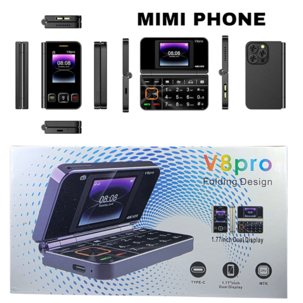 Mini téléphone à clapet V8 Pro, double écran 1,77", design pliable, noir