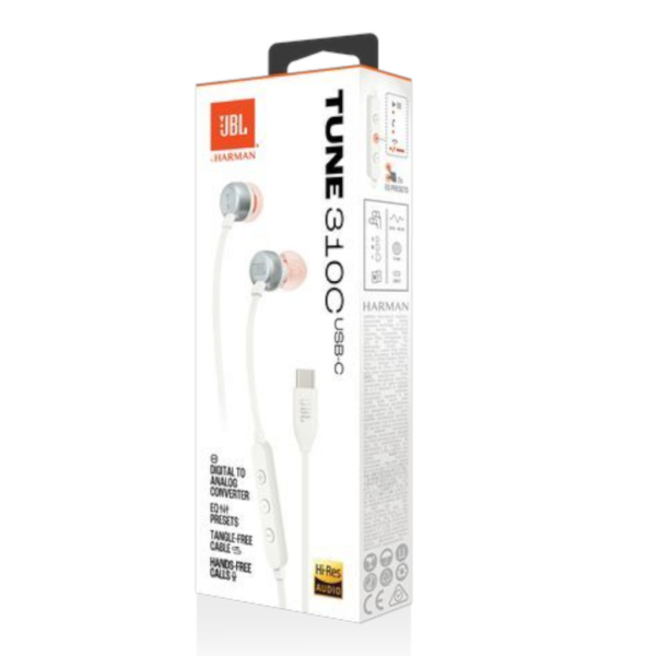 Écouteurs JBL Tune 310C USB-C avec connectivité USB-C-BLANC – Image 2