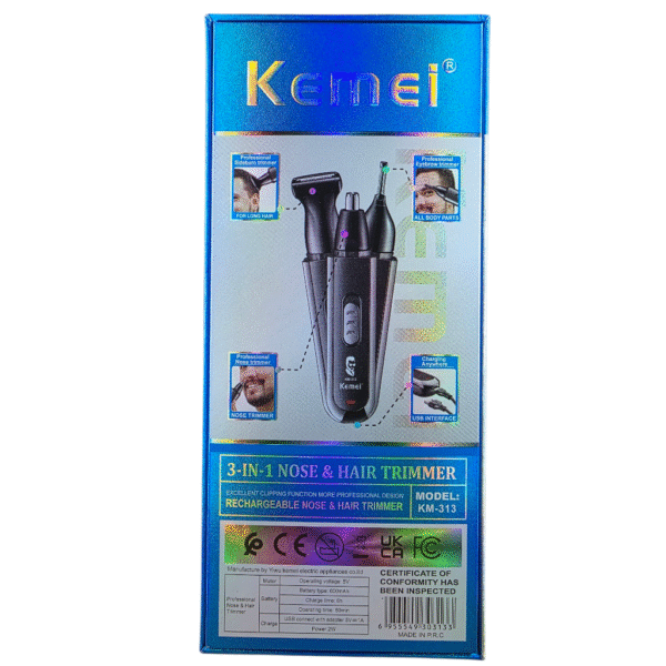 Kemei KM-313- 3IN1 Lame professionnelle double USB pour couper et raser les poils. Batterie 600mAh – Image 3