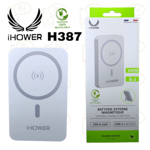 Batterie externe magnétique IHOWER H387 10 000 mAh USB-A USB-C X2 Charge rapide – BLANC