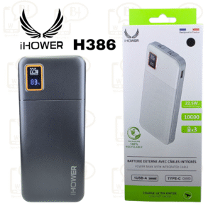 Batterie externe IHOWER H386 avec câble intégré, charge ultra rapide, 22,5 W, USB-A, USB-C, noir
