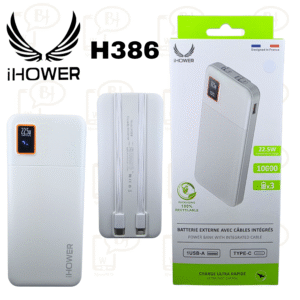 Batterie externe IHOWER H386 avec câble intégré, charge ultra rapide, 22,5 W, USB-A, USB-C BLANC